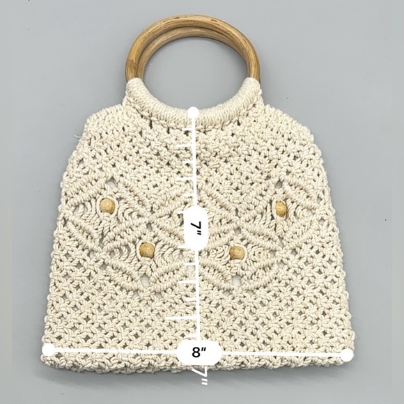 Macrame Wooden Handle Beaded Purse Hippie Boho Trendy - Picture 3 of 7